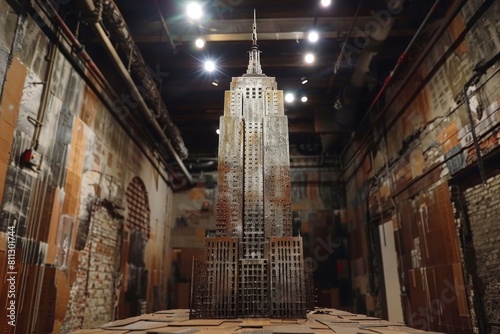 A detailed reconstruction of the Empire State Building displayed indoors, A reconstructed Empire State Building made entirely of recycled materials