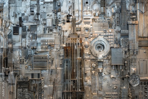Detailed view of a miniature Empire State Building replica constructed entirely of metal, A reconstructed Empire State Building made entirely of recycled materials