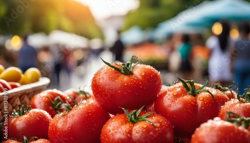 tomates frescos vermelhos brilhantes em destaque na feira