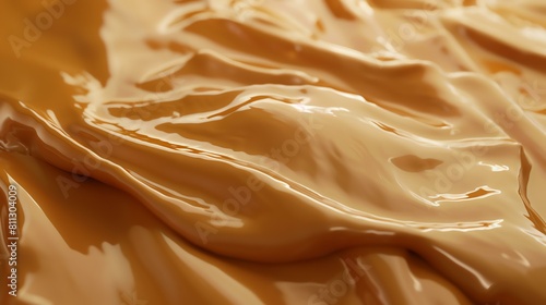 **Image description:** A close-up image of a creamy, liquid caramel sauce. The sauce is thick and glossy, and it is flowing slowly over a surface.