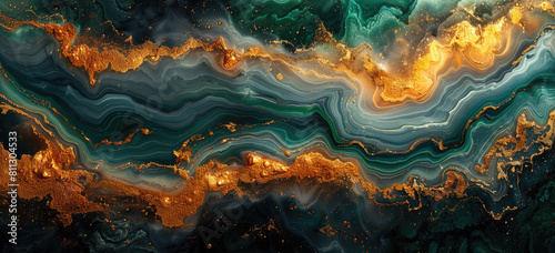 Abstract fluid art, dark teal and gold colors swirl, emerald green and black marble texture. Created with Ai 
