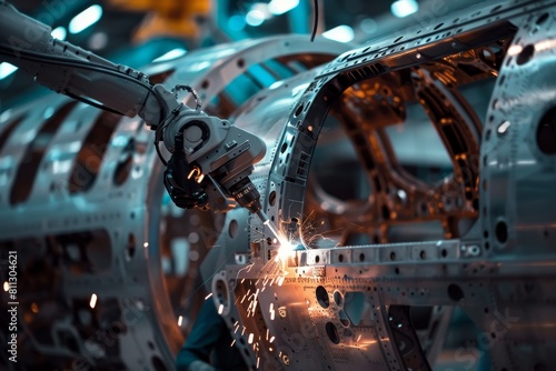 Close-up view of a machine generating sparks while welding a cracked section of an aircraft fuselage, A robot arm welding a cracked fuselage of an airplane