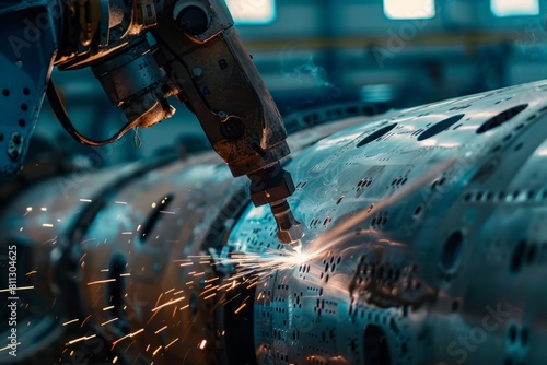 A skilled welder meticulously repairs a piece of metal in a bustling factory setting, A robot arm welding a cracked fuselage of an airplane
