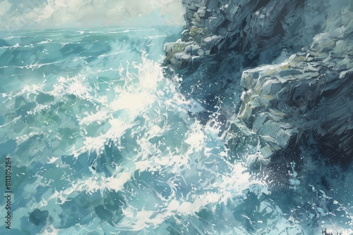 A painting depicting a rocky cliff towering over a turbulent ocean below, A rocky cliff overlooking a turbulent ocean, with crashing waves and swirling sea foam below