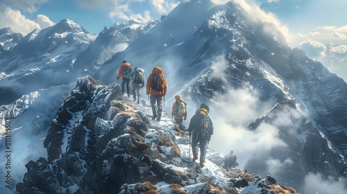 group of people climbing a snowy mountain with stunning views