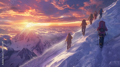 group of people climbing a snowy mountain with stunning views