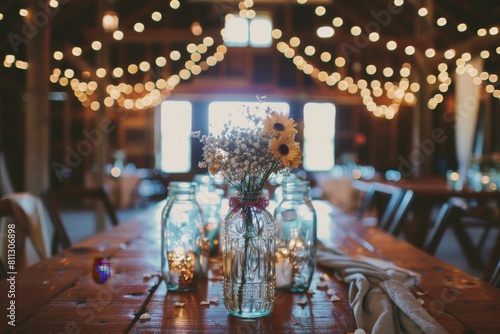 A wooden table adorned with mason jars filled with colorful flowers in a rustic barn venue, A rustic barn venue adorned with fairy lights and mason jar centerpieces