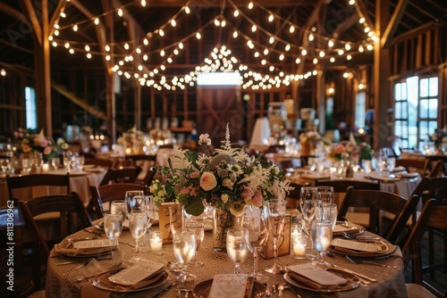 A formal dinner table with candles and flowers set for a special event in a rustic barn wedding venue, A rustic barn wedding with string lights and mason jar centerpieces