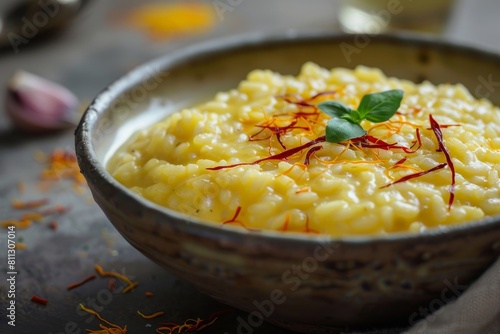 A rustic bowl filled with creamy risotto Milanese, garnished and placed on a wooden table, A rustic bowl of creamy risotto Milanese garnished with saffron threads