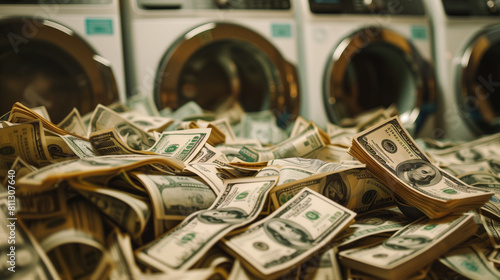 Heap of us dollars scattered in a laundromat setting, conceptually illustrating the illegal act of money laundering