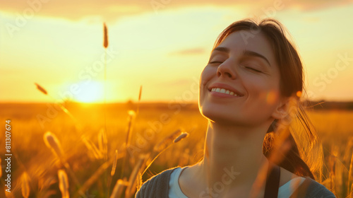 Mulher respirando fundo no campo ao por do sol - wallpaper HD