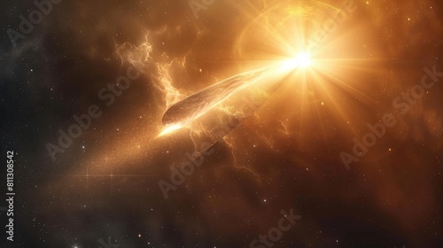 comet into the solar system, radiant dawn of sunlight illuminating its tail realistic