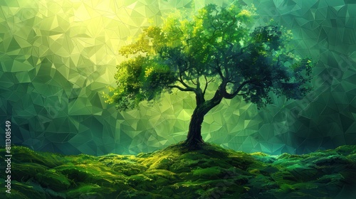 polygonal silhouette photo of green deciduous tree, triangulation of isolated natural elements