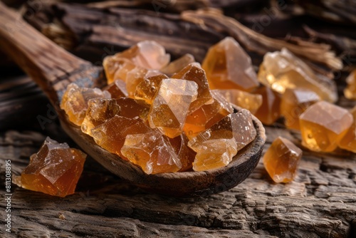 Acacia Gum. Close-Up of Gum Arabic in an Old Wooden Spoon with Brown Bazaar