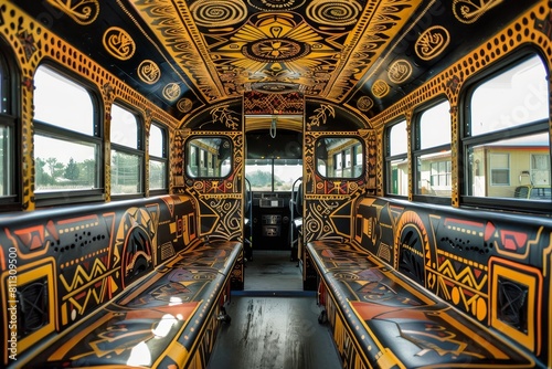 Inside view of a school bus with colorful seats painted in geometric patterns, A school bus adorned with intricate geometric patterns and designs