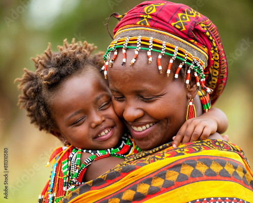 Mother embracing her child, expressing love and care. International Day of the African Child. ?ultural presentations, diverse community poster, happy childhood concept.