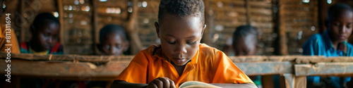 Child studying books in an African school with hope for the future. International Day of the African Child. ?ultural presentations, diverse community poster, Access to Education concept