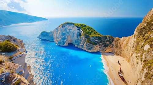Piękna plaża Navagio z wraku na wyspie Zakynthos w Grecji