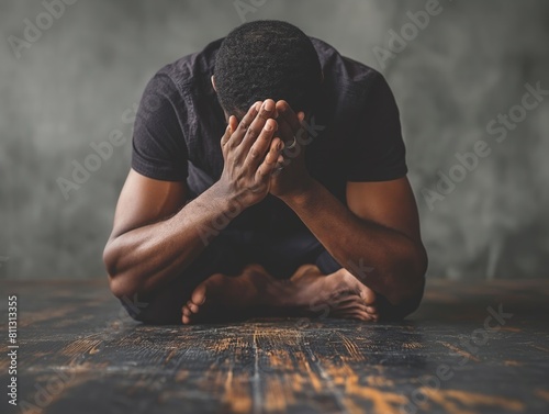 A man is kneeling on the floor with his hands clasped in front of his face. Concept of sadness or despair, as the man is in deep thought or contemplation