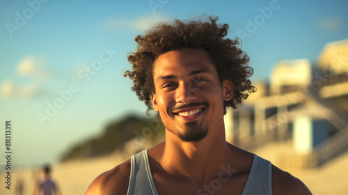 happy mixed race man with curly hair and goatee wearing tank top smiling at camera on summer beach