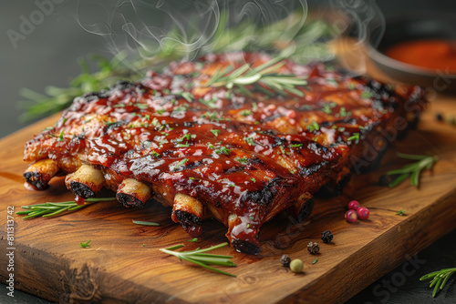 A platter of smoky barbecue ribs, covered in a thick sauce and drizzled with herbs for depth. Created with Ai