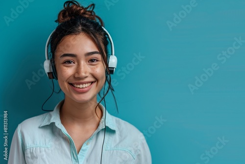 Experience the essence of professionalism and approachability with this hyper-realistic portrait of a smiling female call centre representative
