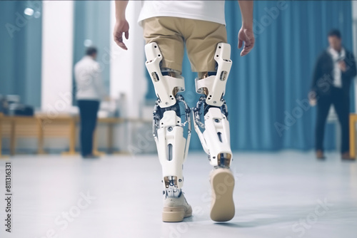 Legs of disable man in the robotic exoskeleton walking through the corridor of the rehabilitation clinic