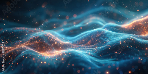A background of glowing blue and orange waves, with particles floating in the air. The background is dark navy blue. Created with Ai