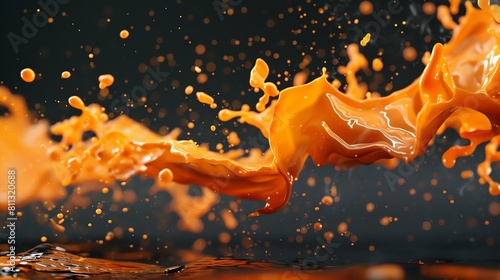 3D rendering of a dynamic orange liquid splash. The liquid is in mid-air and has a wave-like shape.