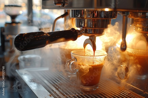 A close-up of an espresso machine pulling a perfect, creamy shot with steam rising Captures the essence of a busy cafe