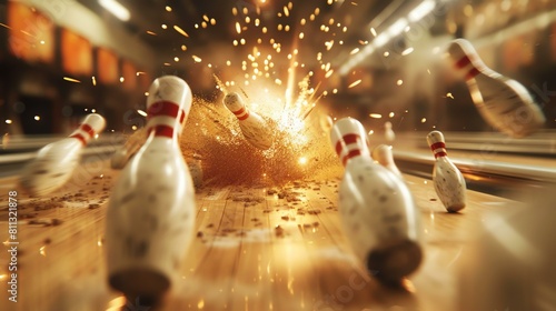 Amazing 3D rendering of a bowling strike. The pins explode in a shower of golden dust. The perfect strike. The bowler's dream. The ultimate goal.