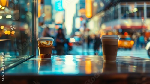 Two coffee cups on a table in a busy cafe. The warm glow of the lights and the blur of the people passing by create a cozy and inviting atmosphere.