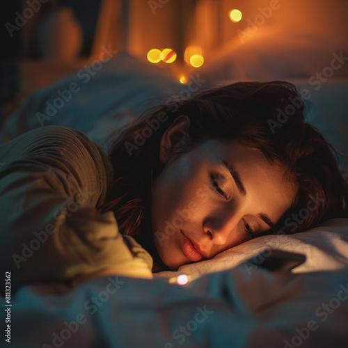 Mujer acostada en la cama sin poder dormir en medio de la noche mirando su teléfono con todas las luces apagadas