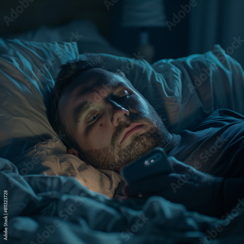 Hombre acostado en la cama sin poder dormir en medio de la noche mirando su teléfono con todas las luces apagadas