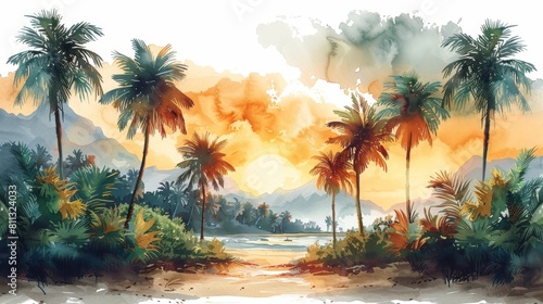 Tropical palm trees hand-drawn in watercolor.