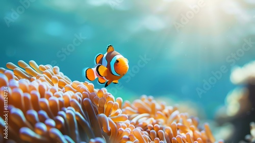 Underwater world. A bright orange clownfish swims among the tentacles of a sea anemone.