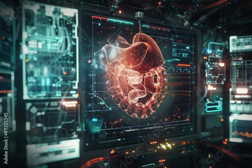 Explore the intricate details of a 3D visualization featuring a human stomach surrounded by advanced medical screens and dynamic gastric juices flowing in the backdrop