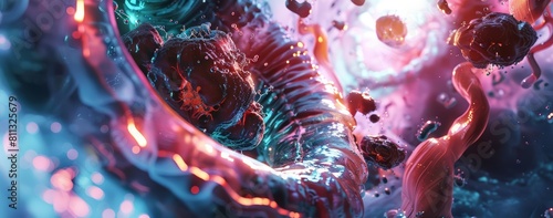 Generate concept art of a human stomach with realistic textures and colors, set against a backdrop of swirling gastric juices and hightech medical displays