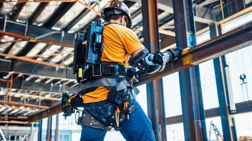 Construction workers wear exoskeletons