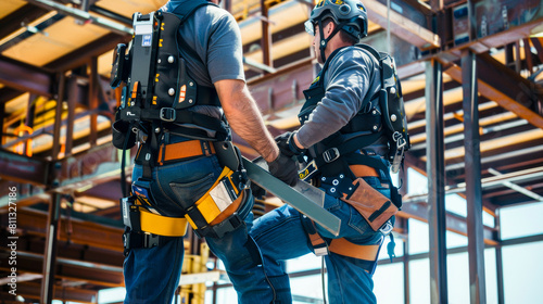 Construction workers wear exoskeletons