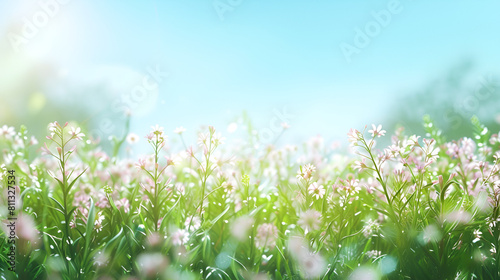 fondo de plantas y flores blancas en un dia soleado y fresco cesped y pasto frente a un cielo azul fondo con espacio para copiar