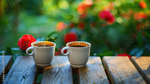 two cups of coffee on a wooden table on a background of nature. Selective focus