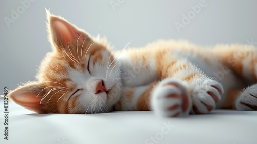 A cute ginger kitten is sleeping on a white blanket. The kitten is curled up with its paw tucked under its head. Its fur is soft and fluffy.