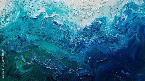 Abstract painting with blue and green colors. The painting is full of energy and movement, and it seems to capture the feeling of being underwater.