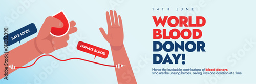 World Blood donor day. 14th June world blood donor day celebration cover banner, social media post with blood transfusing from one hand to another hand. Saving lives by donating blood. 