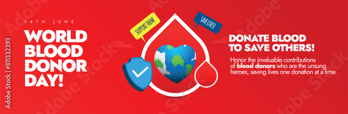 World Blood Donor Day. 14th June World Blood Donor celebration cover banner, social media post with blood bags, drops, earth globe. The Day has the slogan Share Life, Give Blood. 