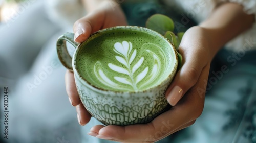 a cup of matcha in his hands. Selective focus