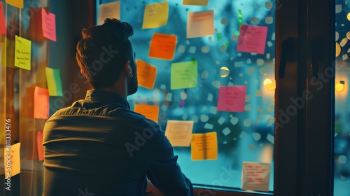 A man looking out the window of his office at the city below. He is surrounded by sticky notes with different ideas and tasks written on them.