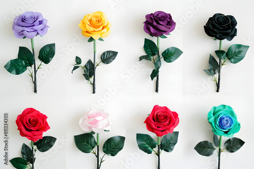 Eight colorful roses arranged vertically on a white background in a vibrant display