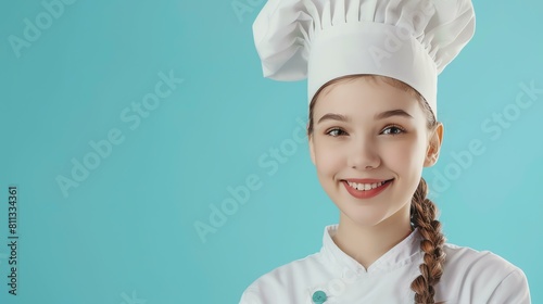 Young female chef in white uniform and toque smiling at the camera.